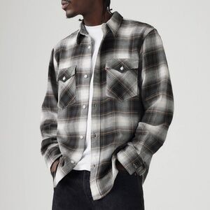 Levis Western Shirt Mens M Gray Check Pearl Snap Cowboy Rodeo Rockabilly Perfect